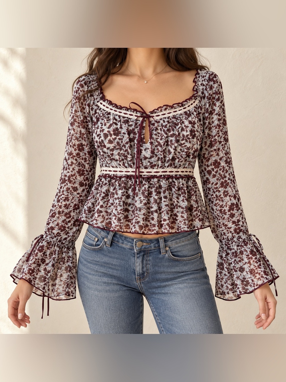 American Eagle Floral Lace Trim Bell Sleeve Cropped Blouse M NWT